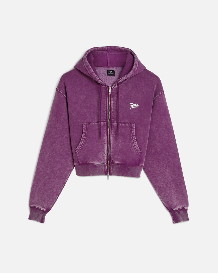 Patta Femme Acid Wash Cropped Zip-Up Hooded Sweater (Dark Purple )